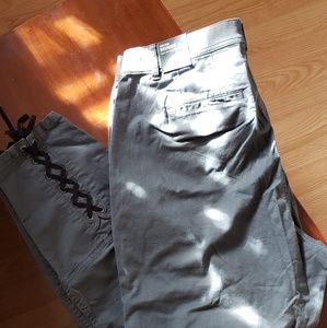 Gray pants with criss cross bottom